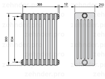 Схема (чертеж) Радиатор Zehnder Charleston 6090/8 №1270 Белый глянцевый RAL 9016